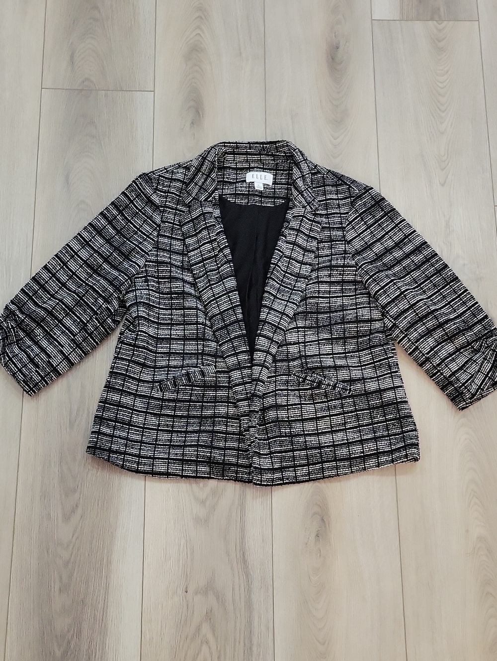 Elle Black and White Plaid Cropped Blazer with Notched Lapel